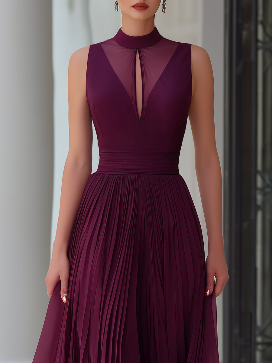 Léon Varel Illusion Neck Pleated Chiffon Maxi Dress