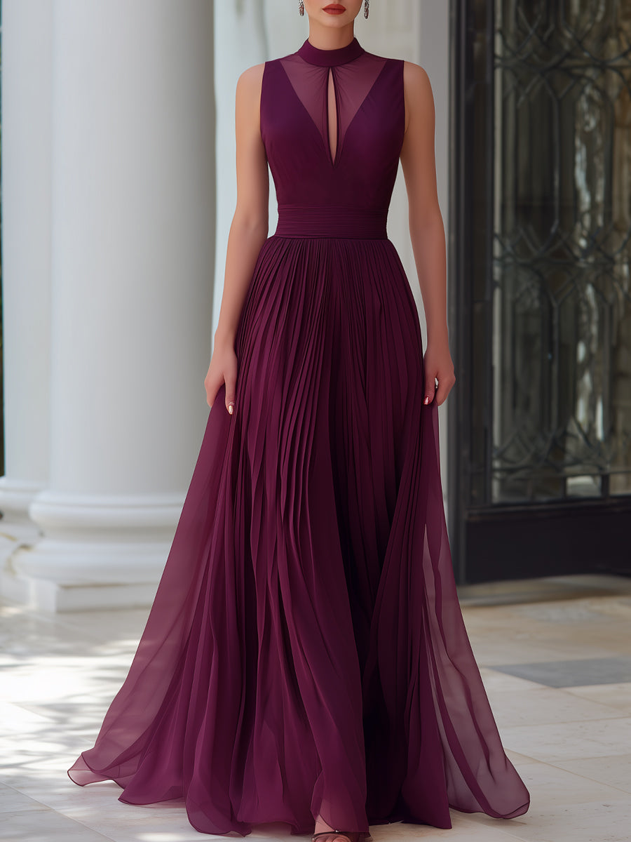 Léon Varel Illusion Neck Pleated Chiffon Maxi Dress