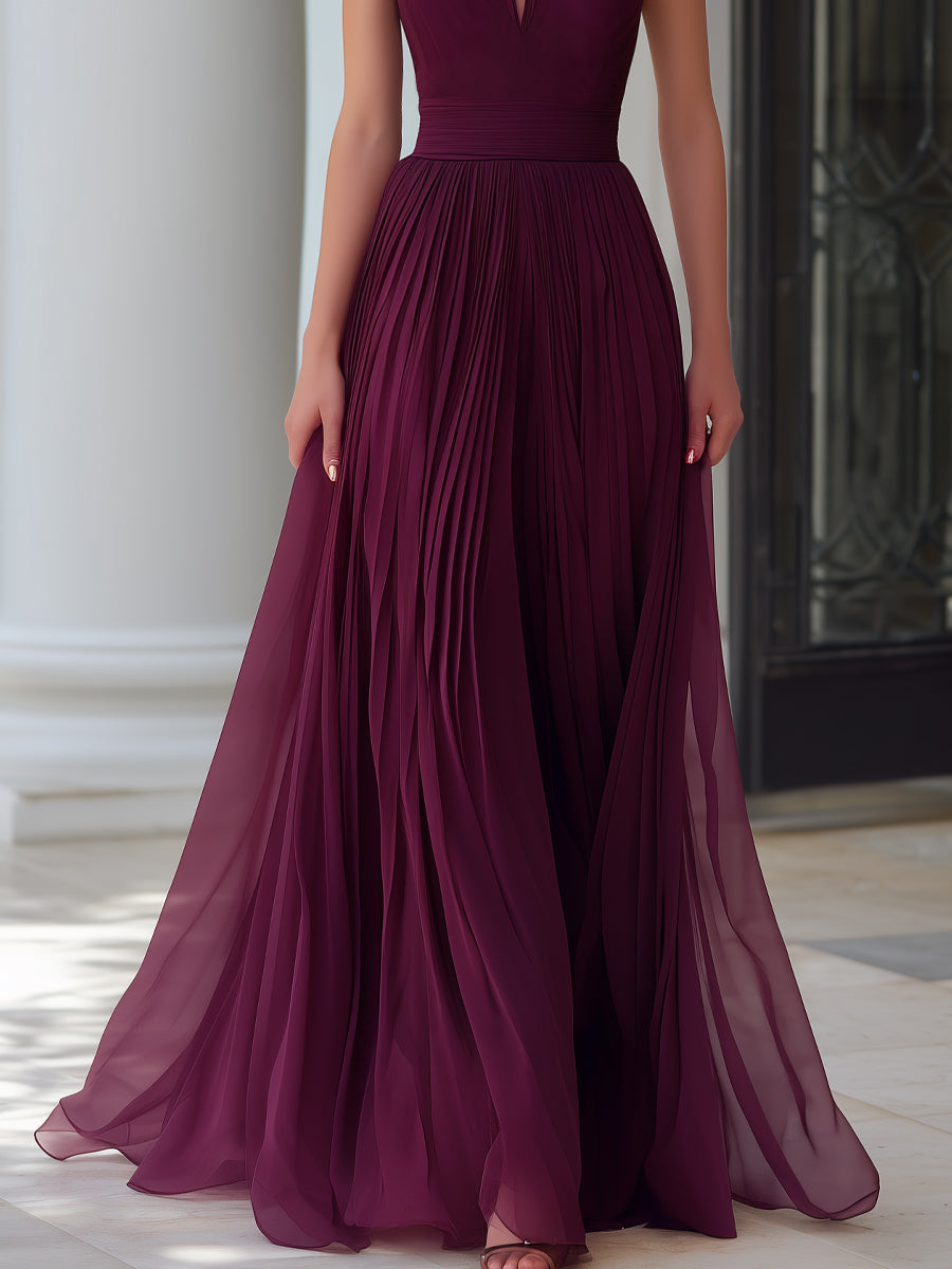 Léon Varel Illusion Neck Pleated Chiffon Maxi Dress