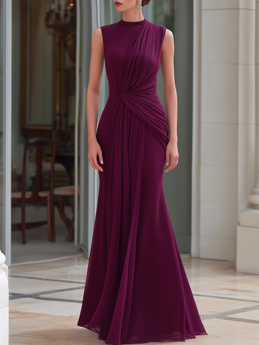 Léon Varel Waist-Gathered Draped Mock Neck Mermaid Maxi Dress