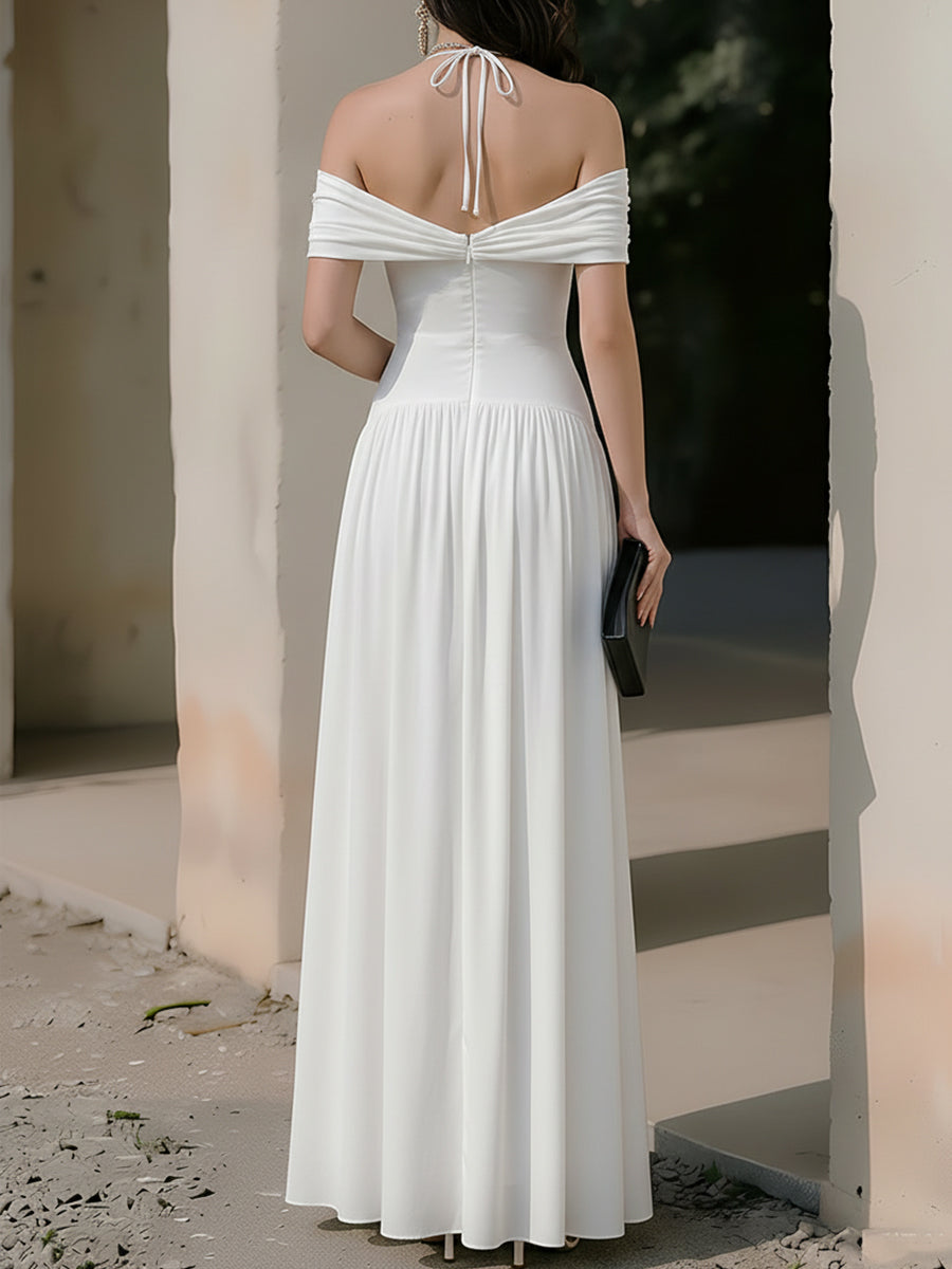 Léon Varel Halter-Off-Shoulder Twist-Front Gathered-Waist Maxi Dress