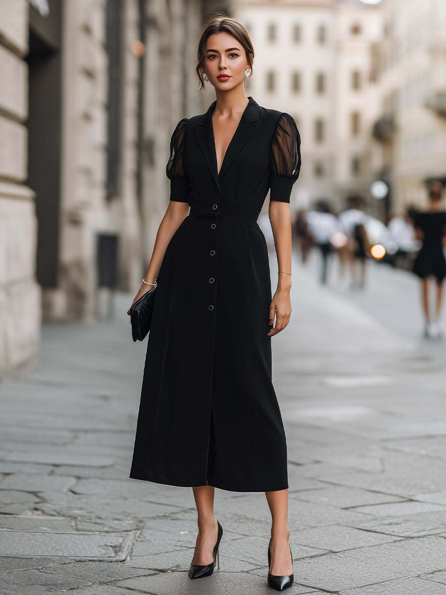 Léon Varel Sheer Puff Sleeve Button Front Maxi Dress