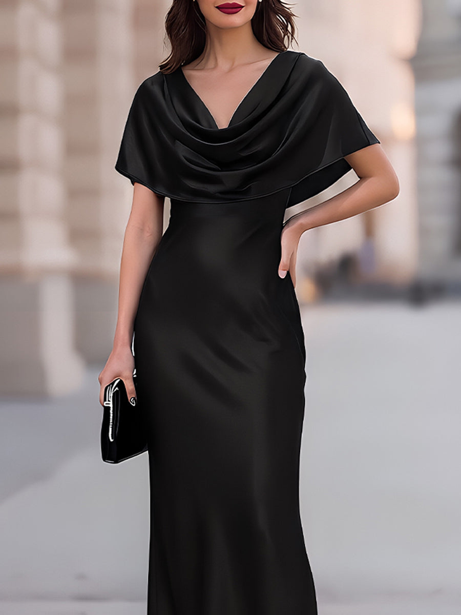 Léon Varel Cowl-Neck Capelet Satin Mermaid Maxi Dress