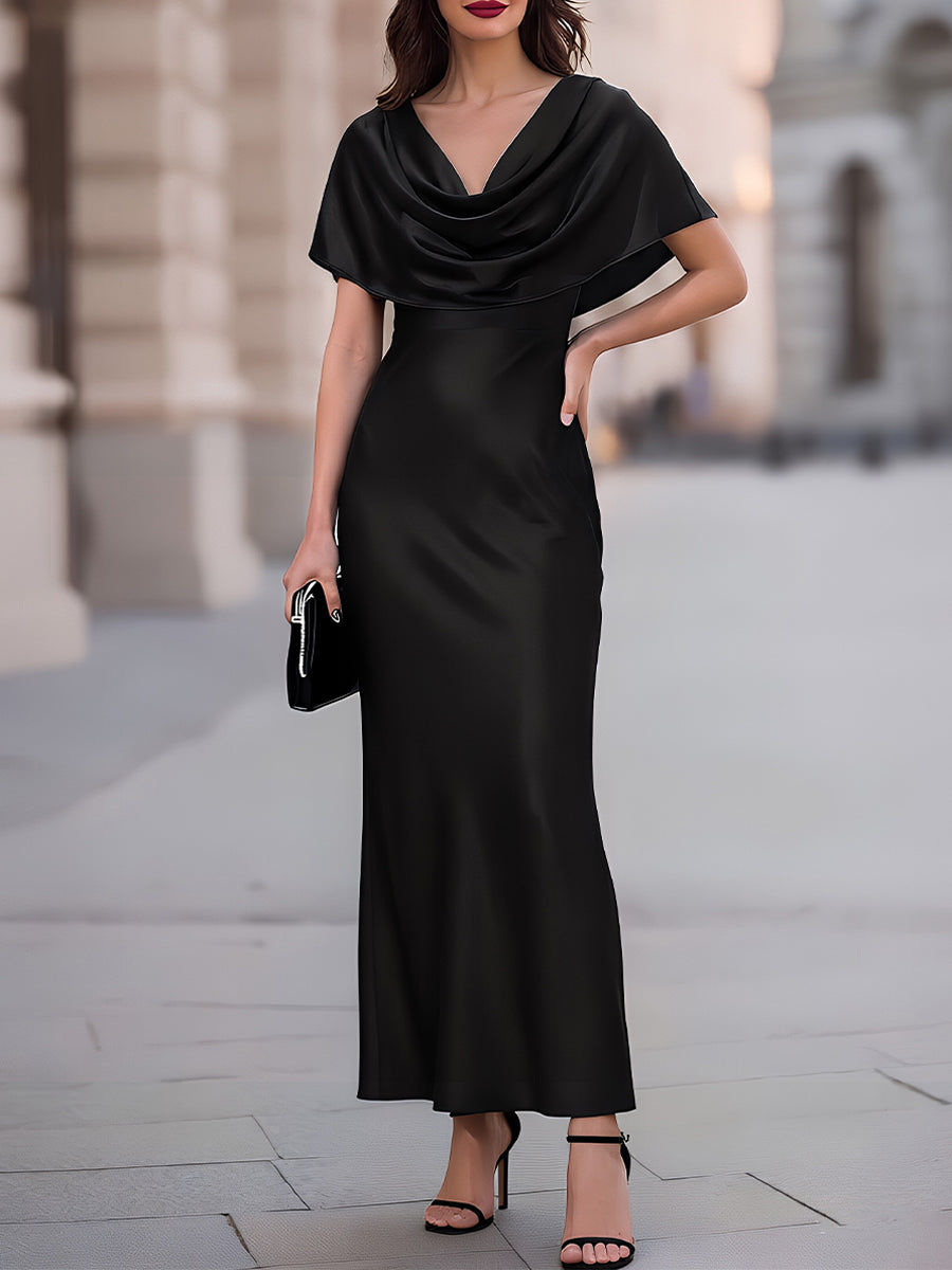 Léon Varel Cowl-Neck Capelet Satin Mermaid Maxi Dress