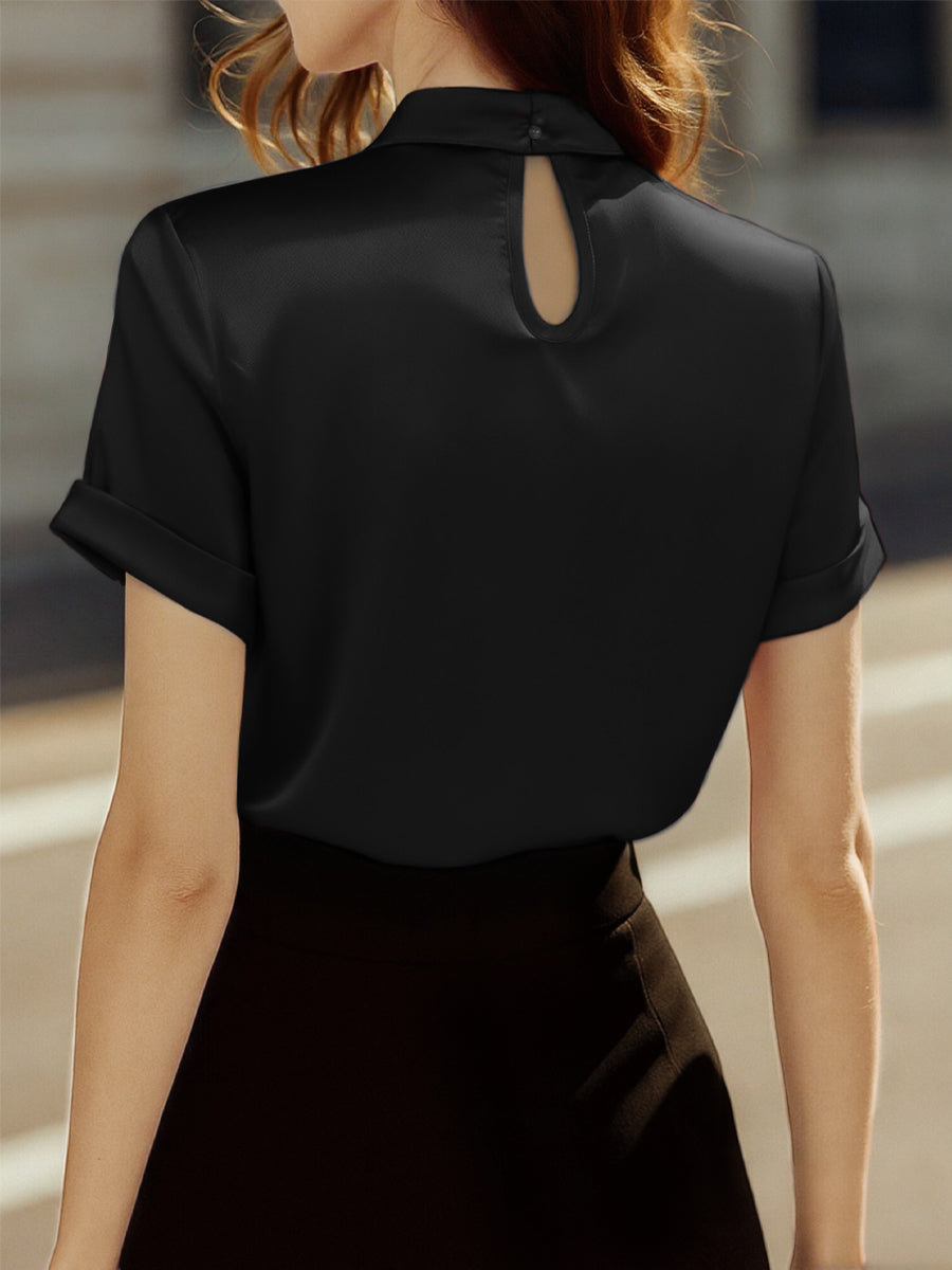 Léon Varel Sophisticated White Satin Blouse with Modern Keyhole Neckline