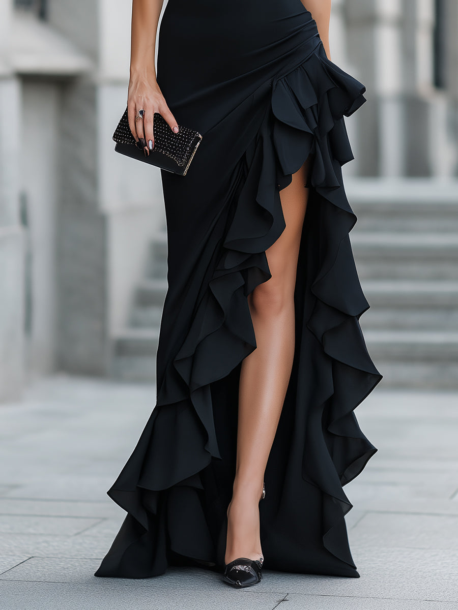 Léon Varel Asymmetric One-Shoulder Ruffle Slit Evening Dress