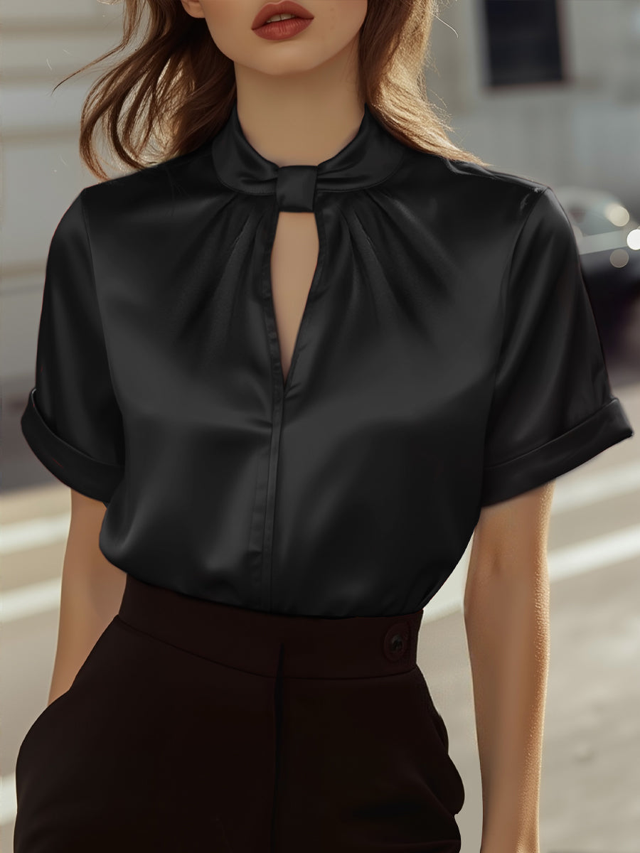 Léon Varel Sophisticated White Satin Blouse with Modern Keyhole Neckline