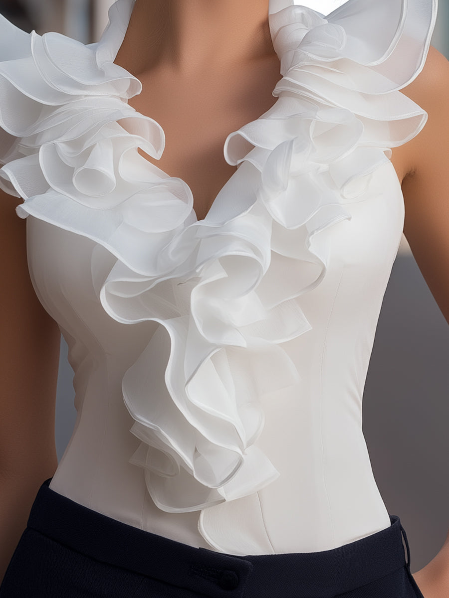 Léon Varel Sleeveless Chiffon Ruffled V-Neck Top
