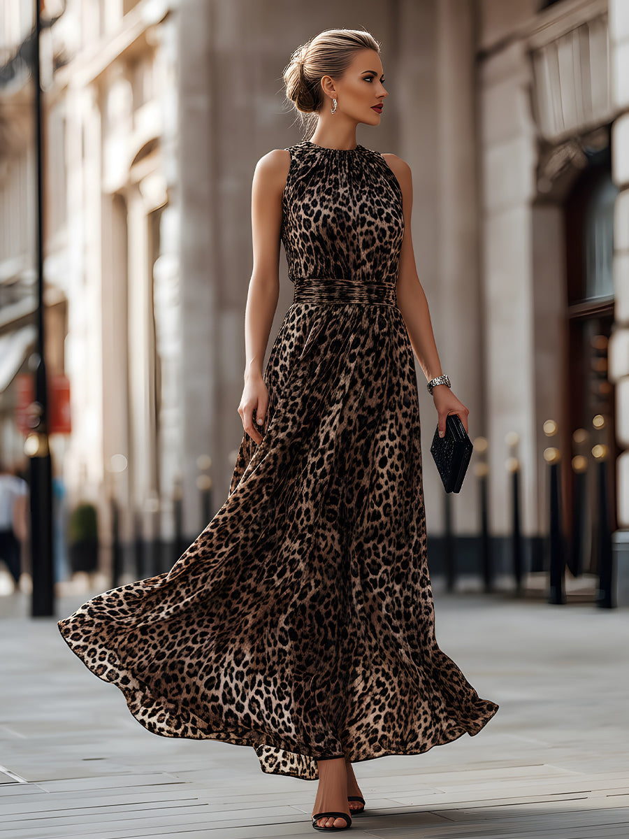Léon Varel Sleeveless Leopard Print Flowing Maxi Dress