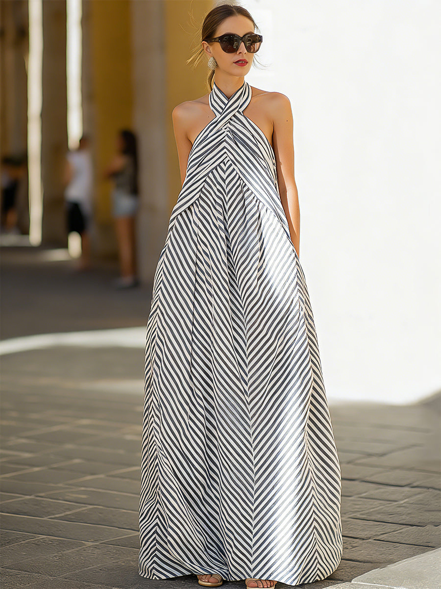 Léon Varel Nautical Stripe Halter Neck Maxi Dress