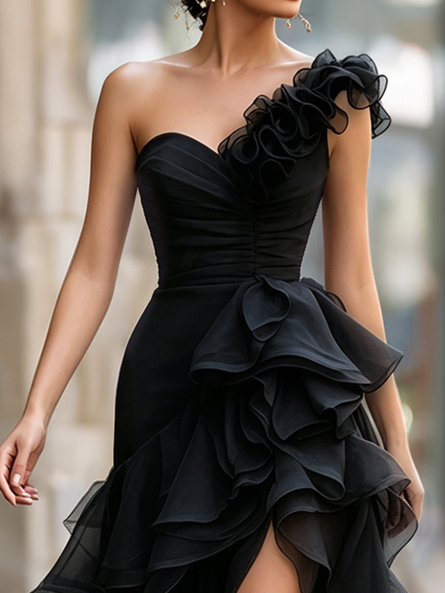 Léon Varel Black One-Shoulder Ruffled Evening Gown With Front Slit