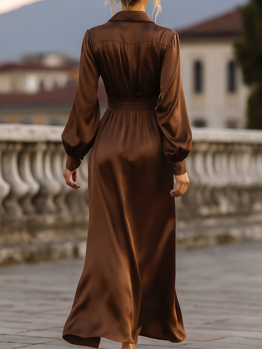 Léon Varel Mooyius Satin Cinched Waist Maxi Dress In Mocha Brown