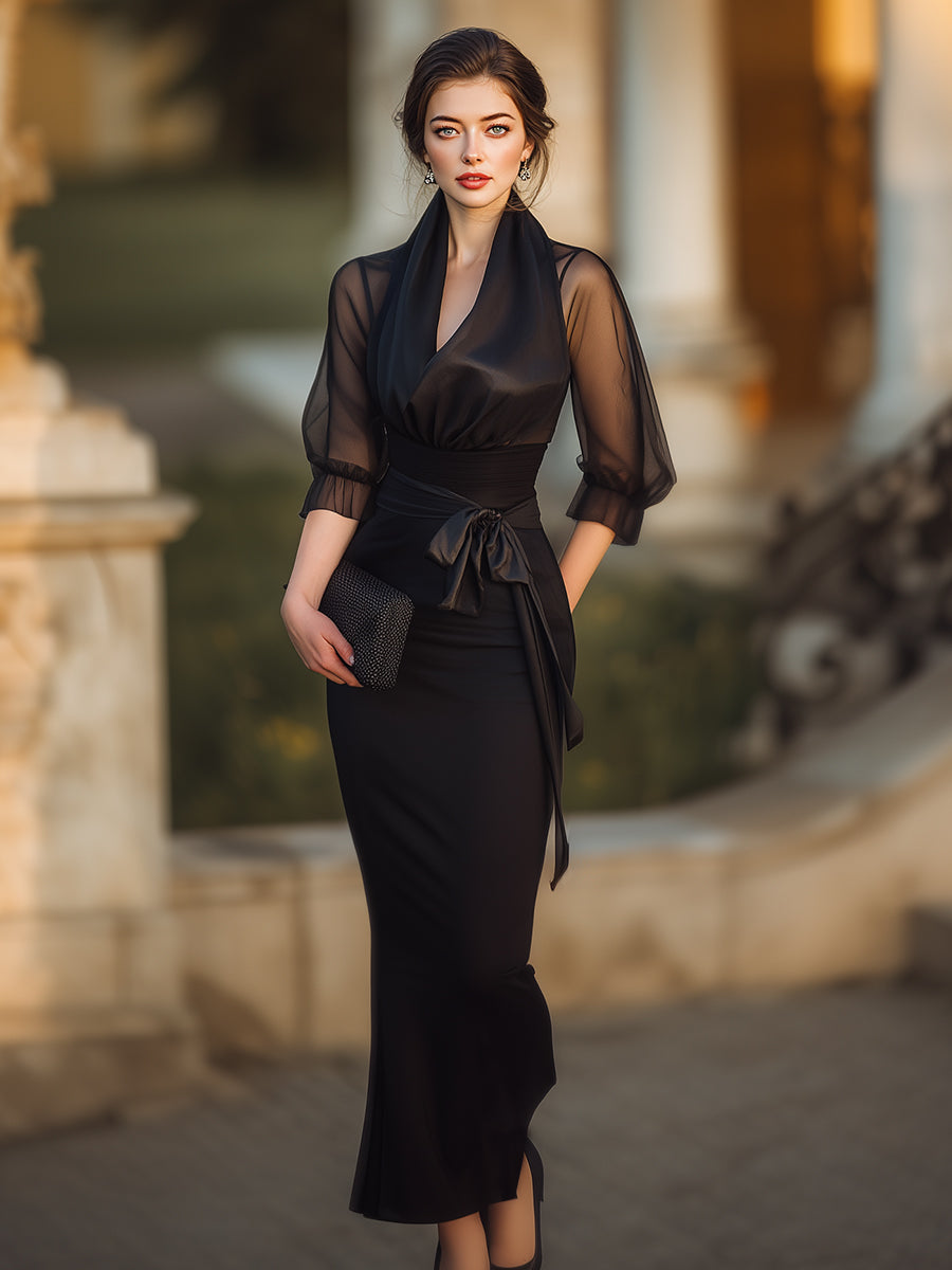 Léon Varel Sheer-Drape Waist-Tie Evening Dress