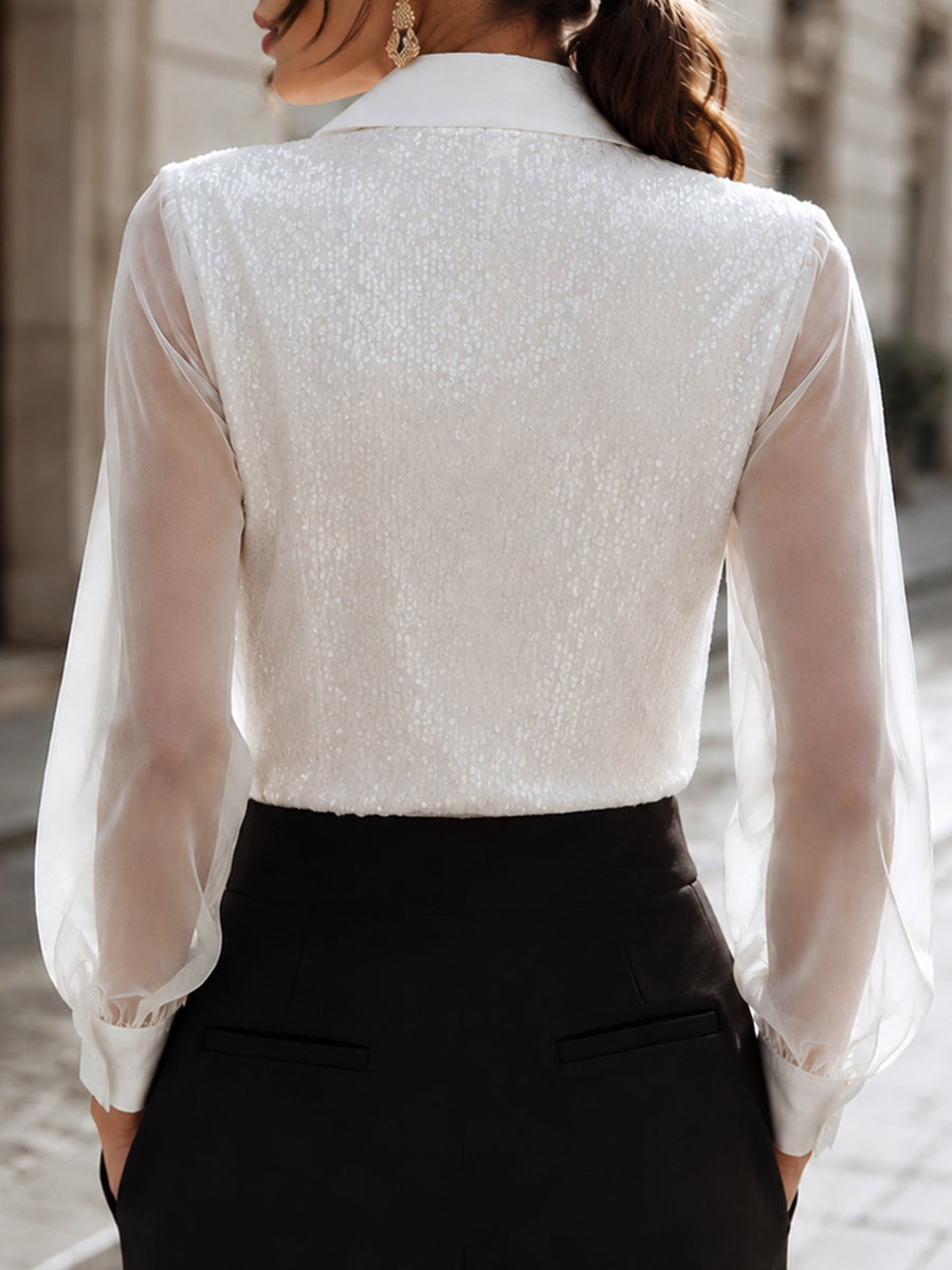 Léon Varel Sequin Embellished Sheer Sleeve Button-Front Blouse