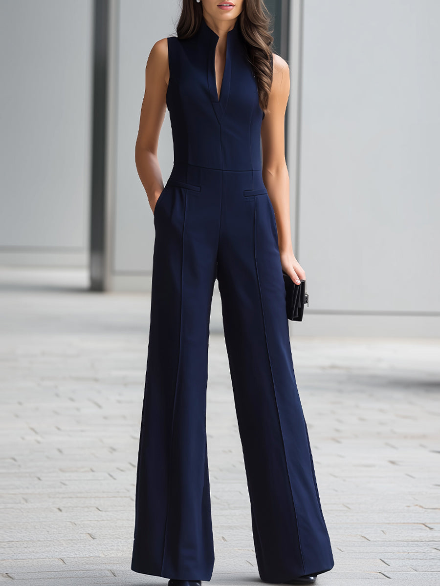 Léon Varel Navy Sleeveless Plunge-Neck Wide-Leg Jumpsuit