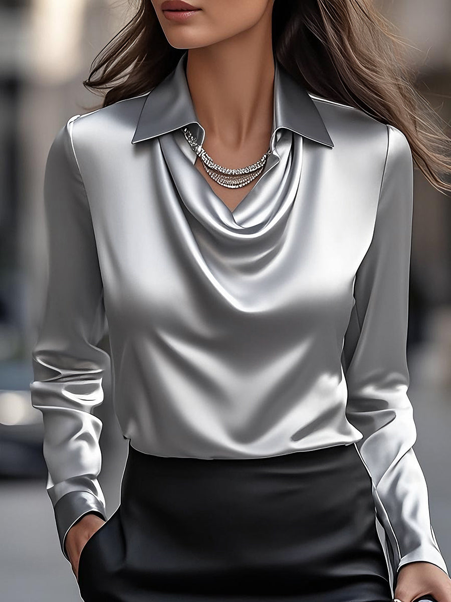 Léon Varel Elegant White Satin Blouse with Draped Neckline