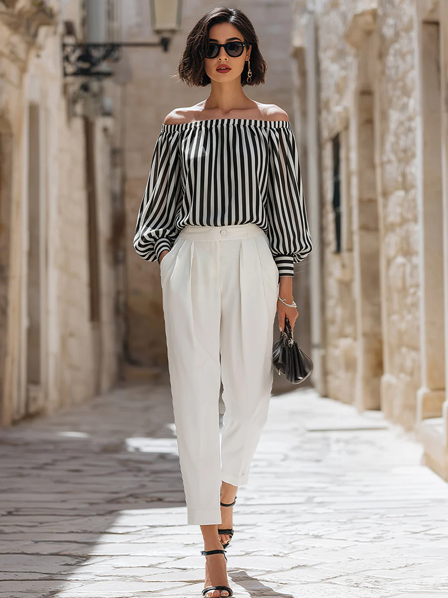 Léon Varel Chic Off-the-Shoulder Striped Blouse & High-Waisted Tailored Trousers Set