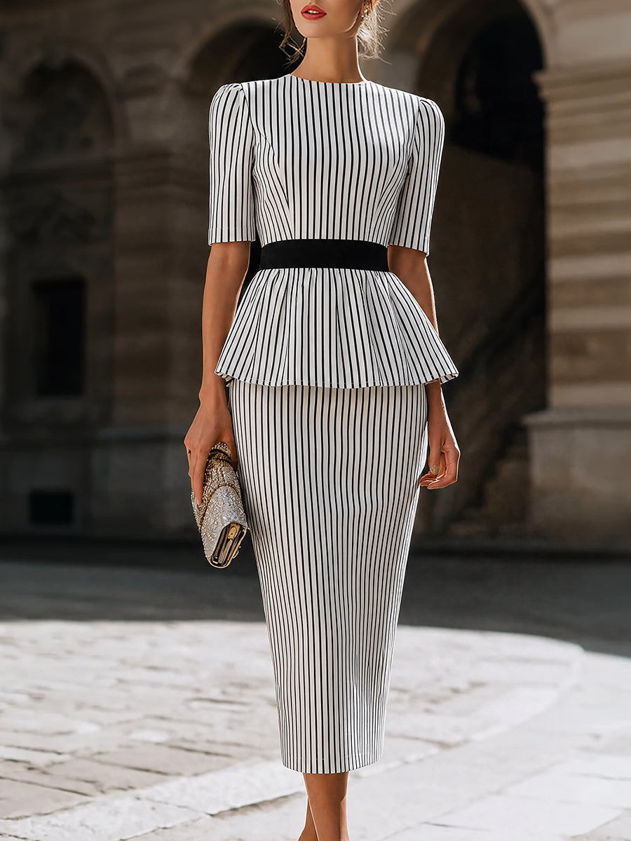 Léon Varel Striped Peplum Top And Pencil Skirt Set