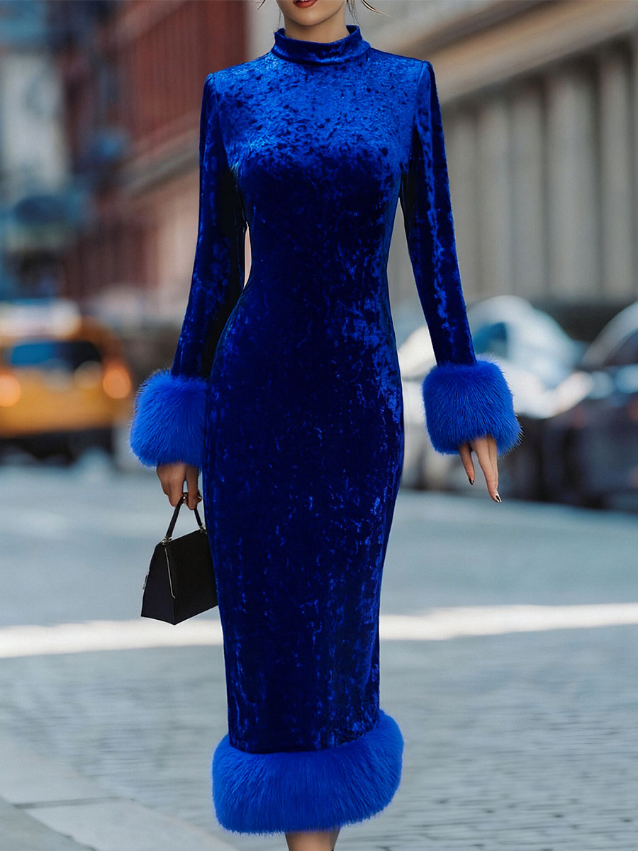 Léon Varel Glamorous Royal Blue Velvet Dress With Feather Trims