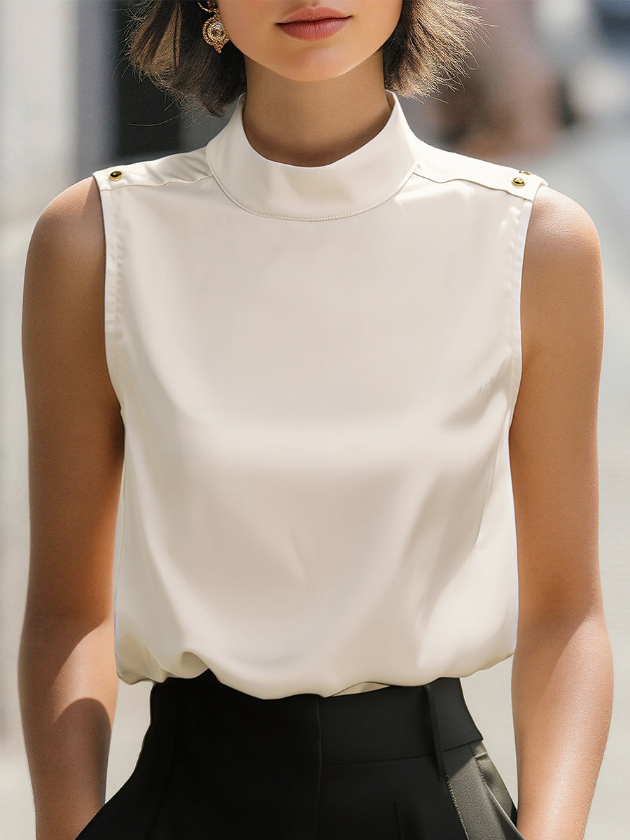 Léon Varel Elegant Ivory High-Neck Sleeveless Satin Blouse