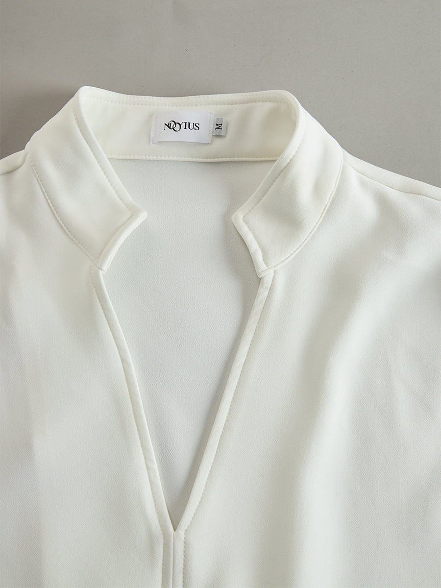 Léon Varel Ivory Stand Collar Split Neck Blouse & Wide-Leg Pants Two-Piece Suit