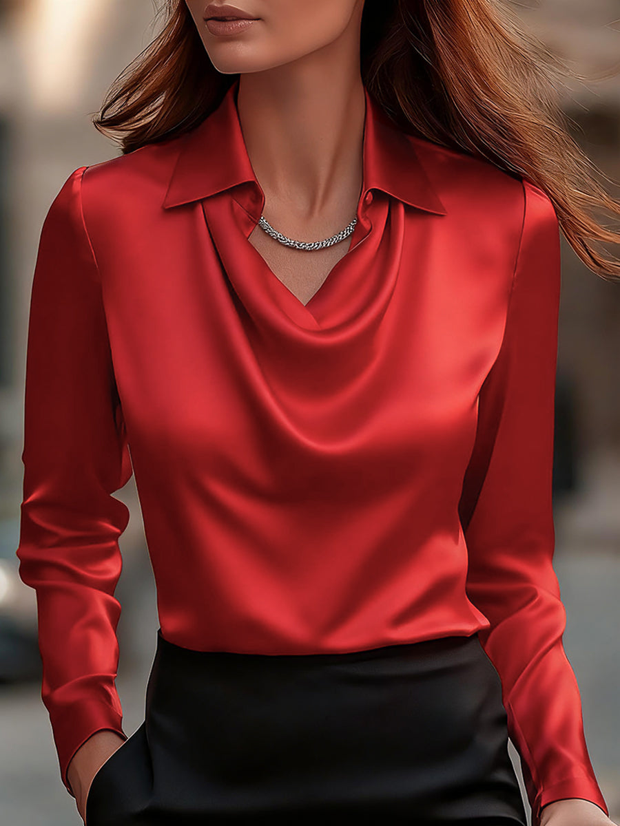 Léon Varel Elegant White Satin Blouse with Draped Neckline