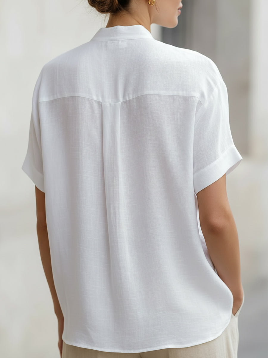 Léon Varel White Linen-Blend Stand Collar Short-Sleeve Blouse