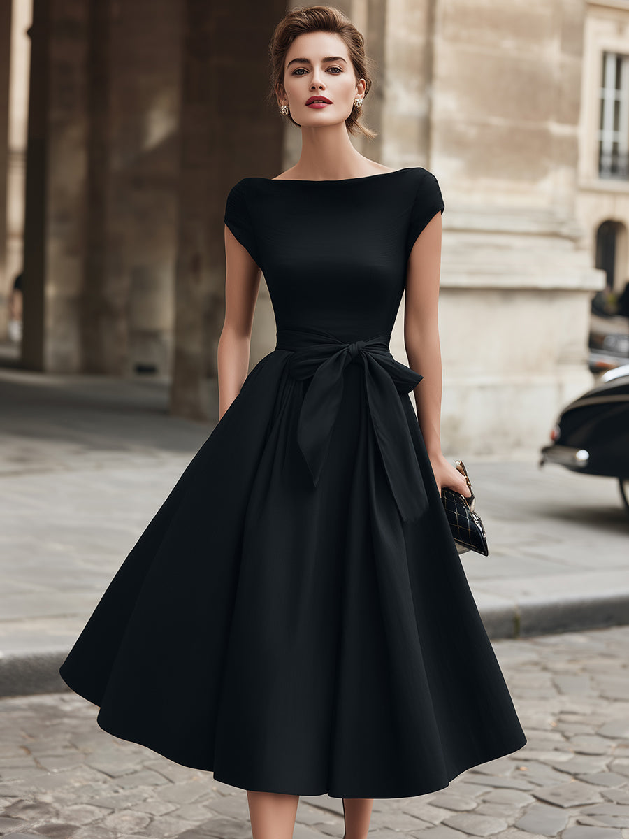 Léon Varel Cap-Sleeve Bow-Waist Midi Dress