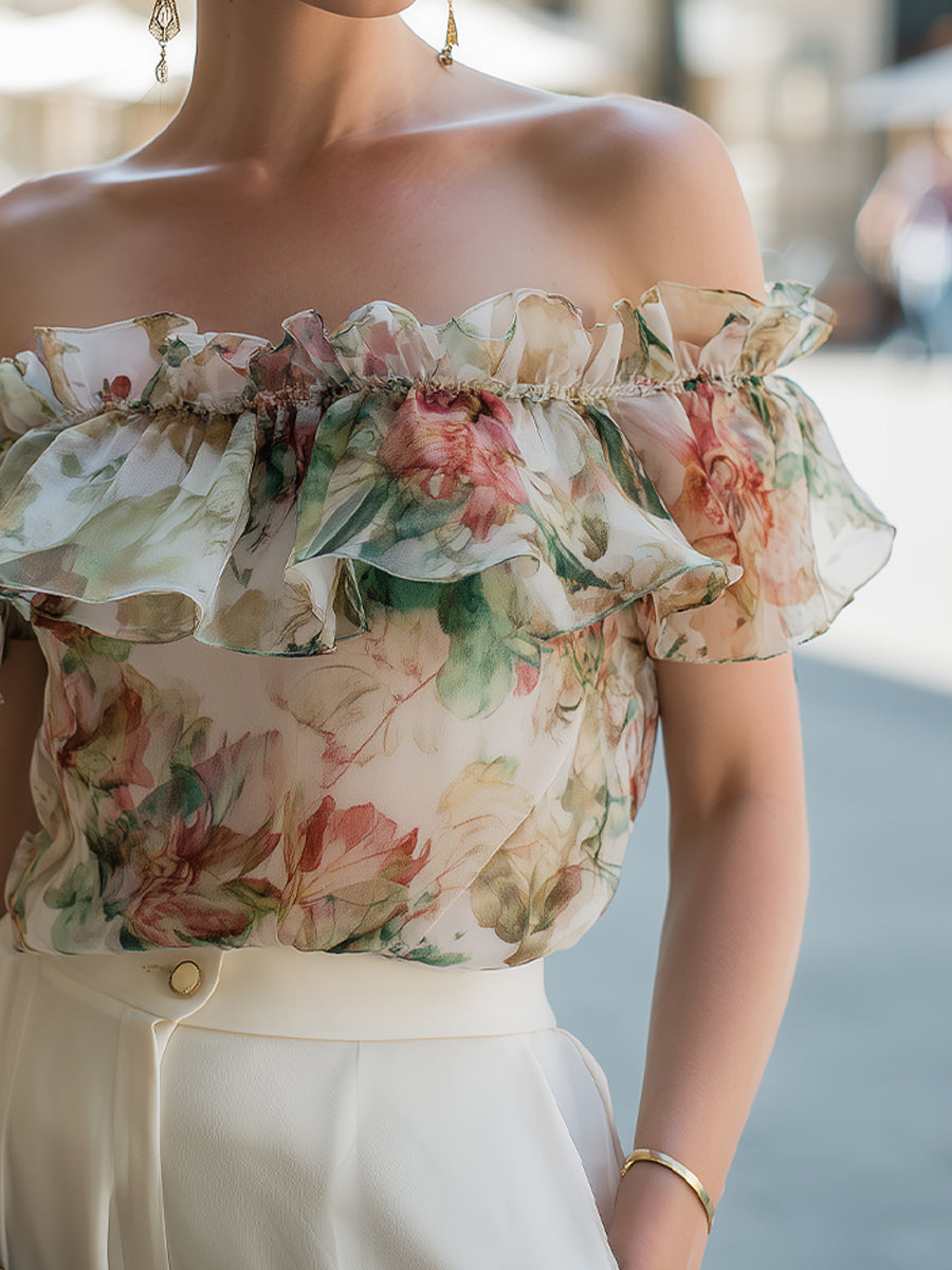Léon Varel Off-Shoulder Ruffle Floral Chiffon Blouse