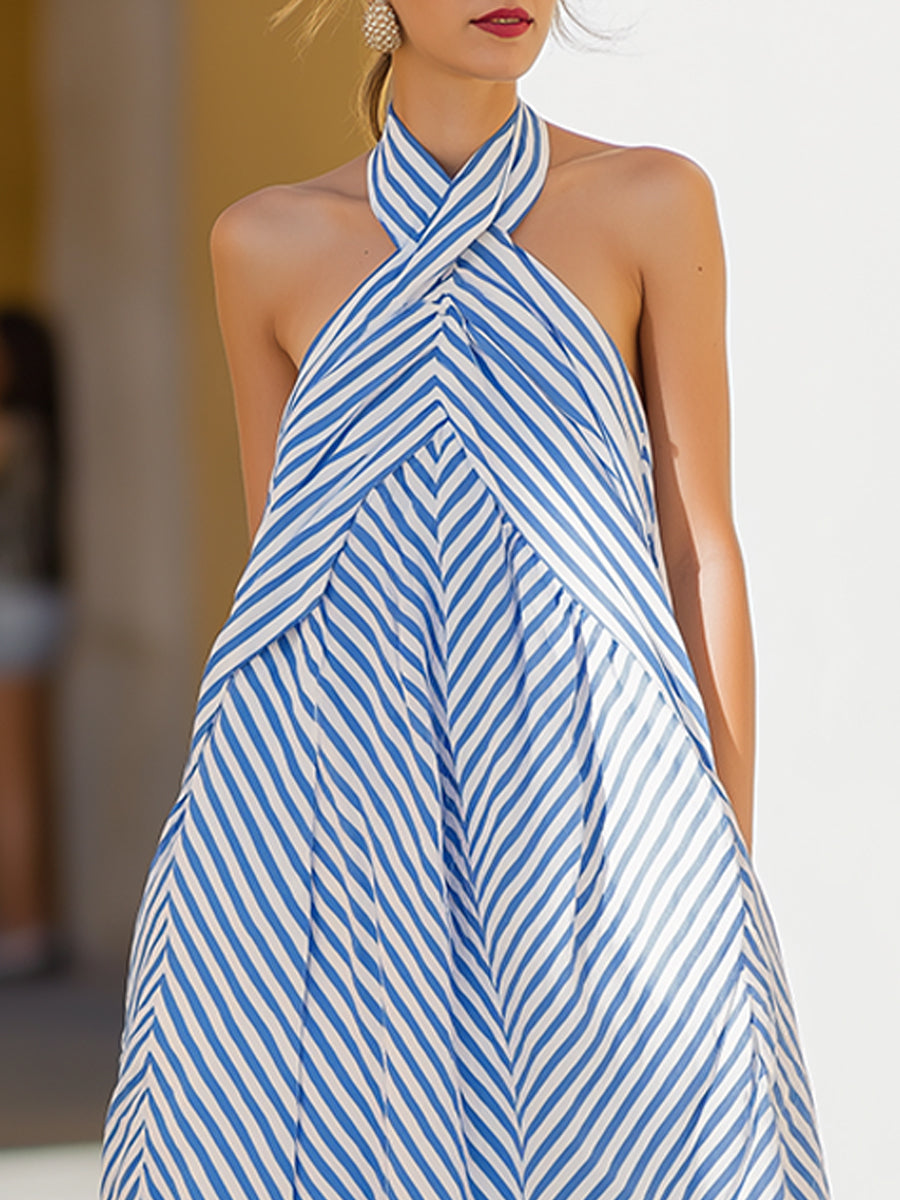 Léon Varel Nautical Stripe Halter Neck Maxi Dress