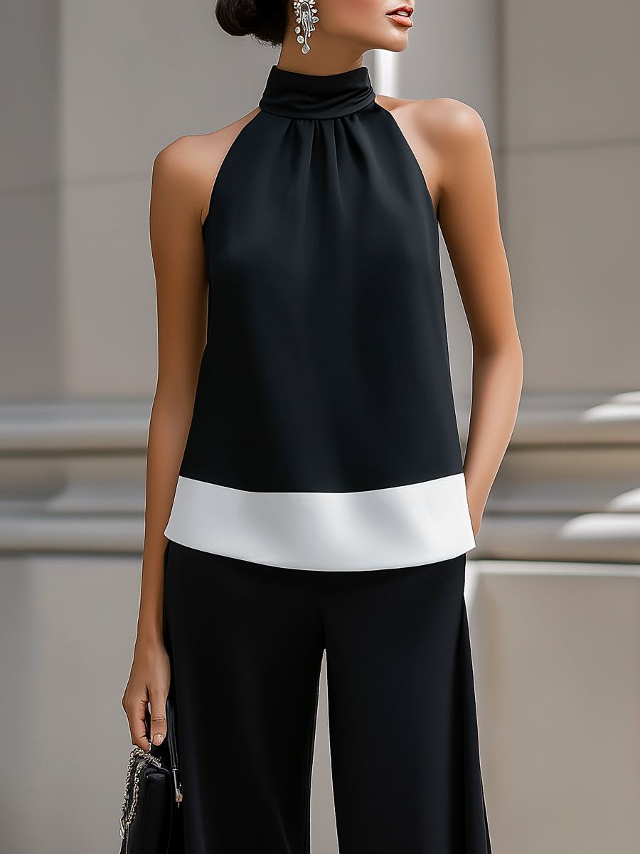 Léon Varel Contrast Hem Halter Neck Blouse & Wide-Leg Pants Set