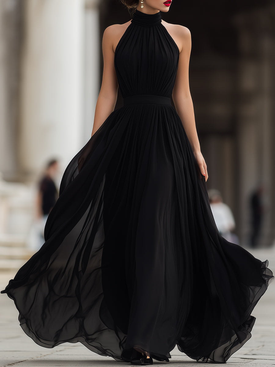 Léon Varel Black Halter Neck Pleated Chiffon Maxi Dress