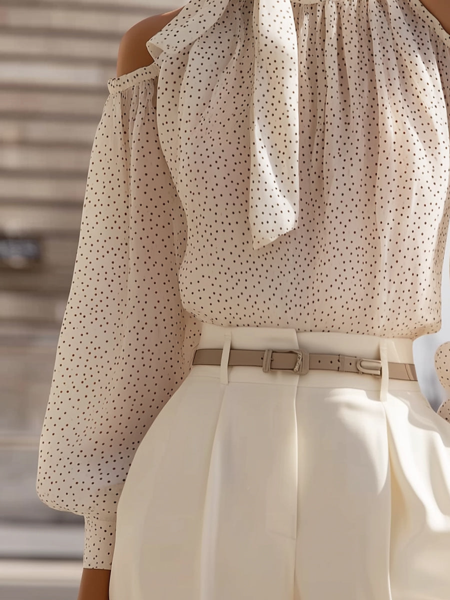 Léon Varel Polka Dot Cold-Shoulder Chiffon Blouse With Scarf Tie