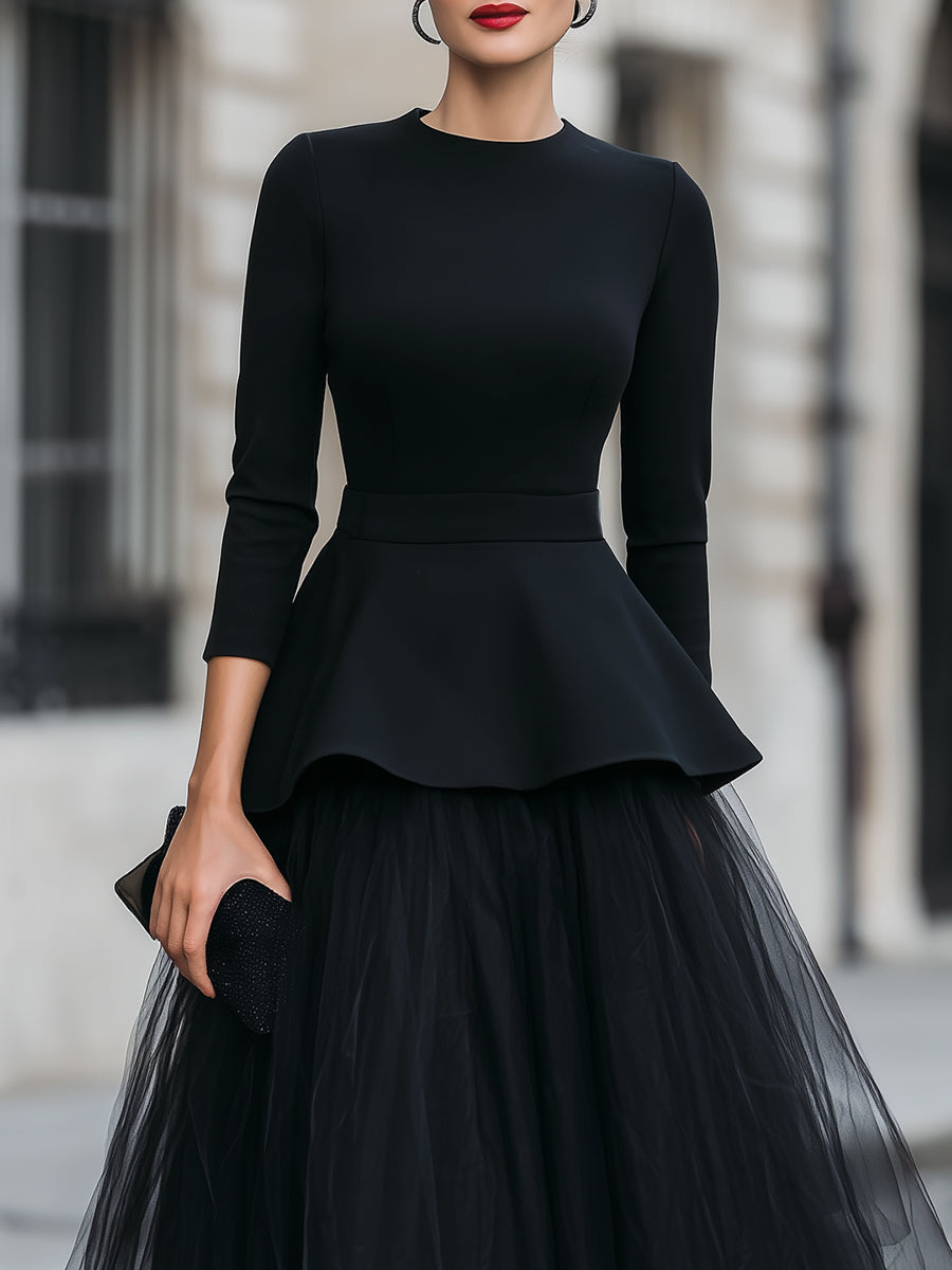 Léon Varel Structured Peplum Top and Layered Midi Skirt Set