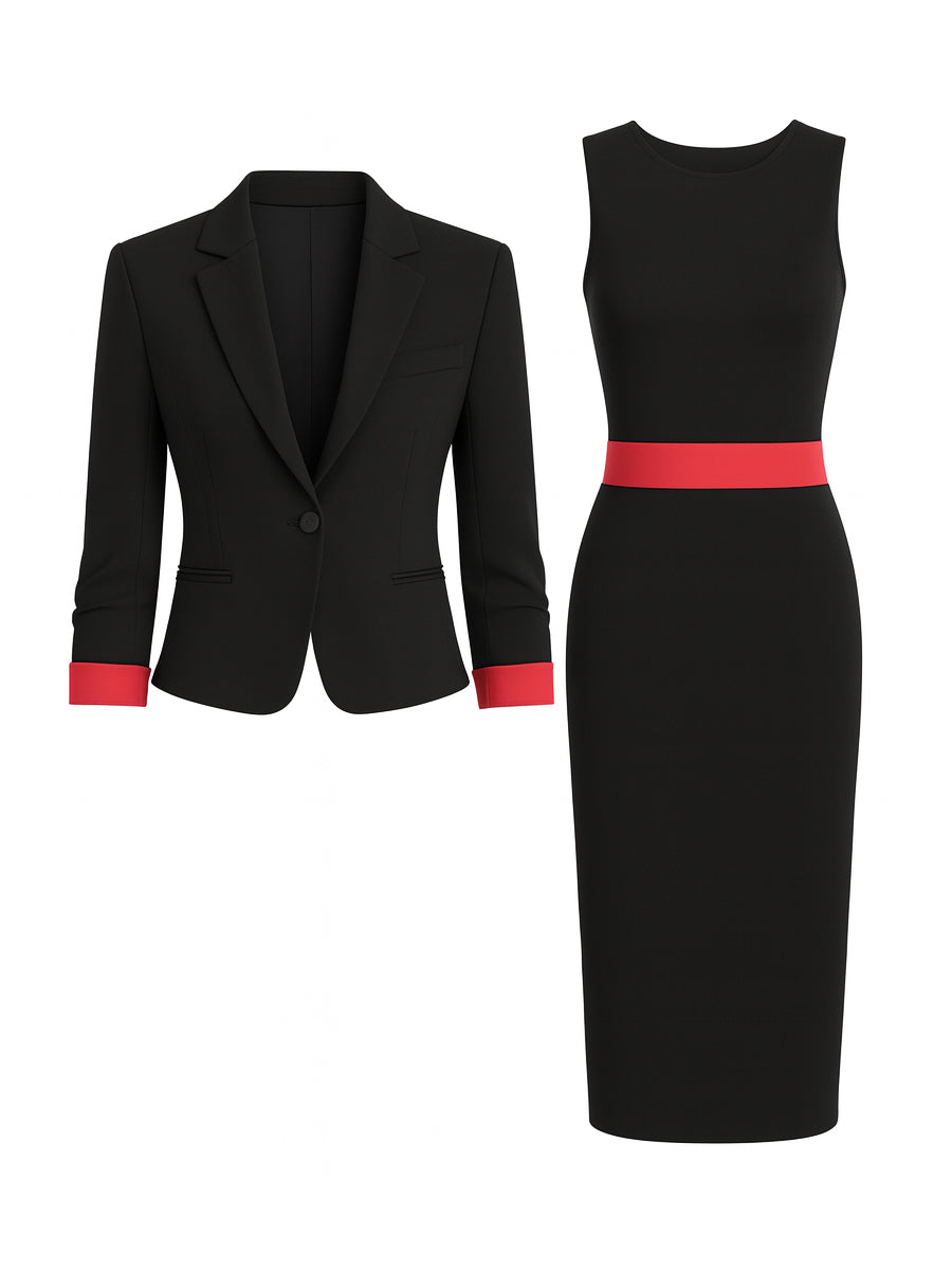 Léon Varel Contrast Trim Blazer & Sleeveless Midi Dress Set
