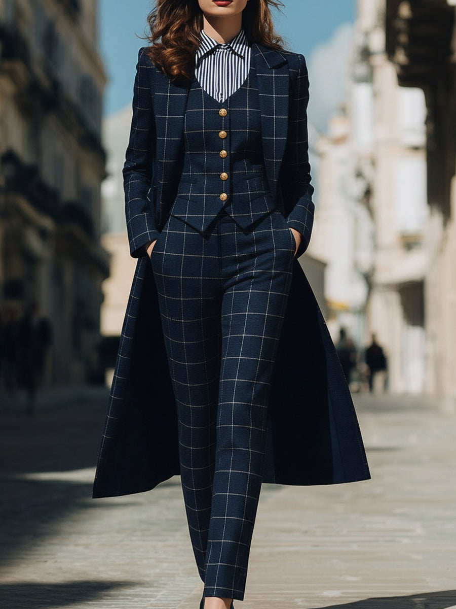 Léon Varel Navy Checkered Three-Piece Suit With Long Coat