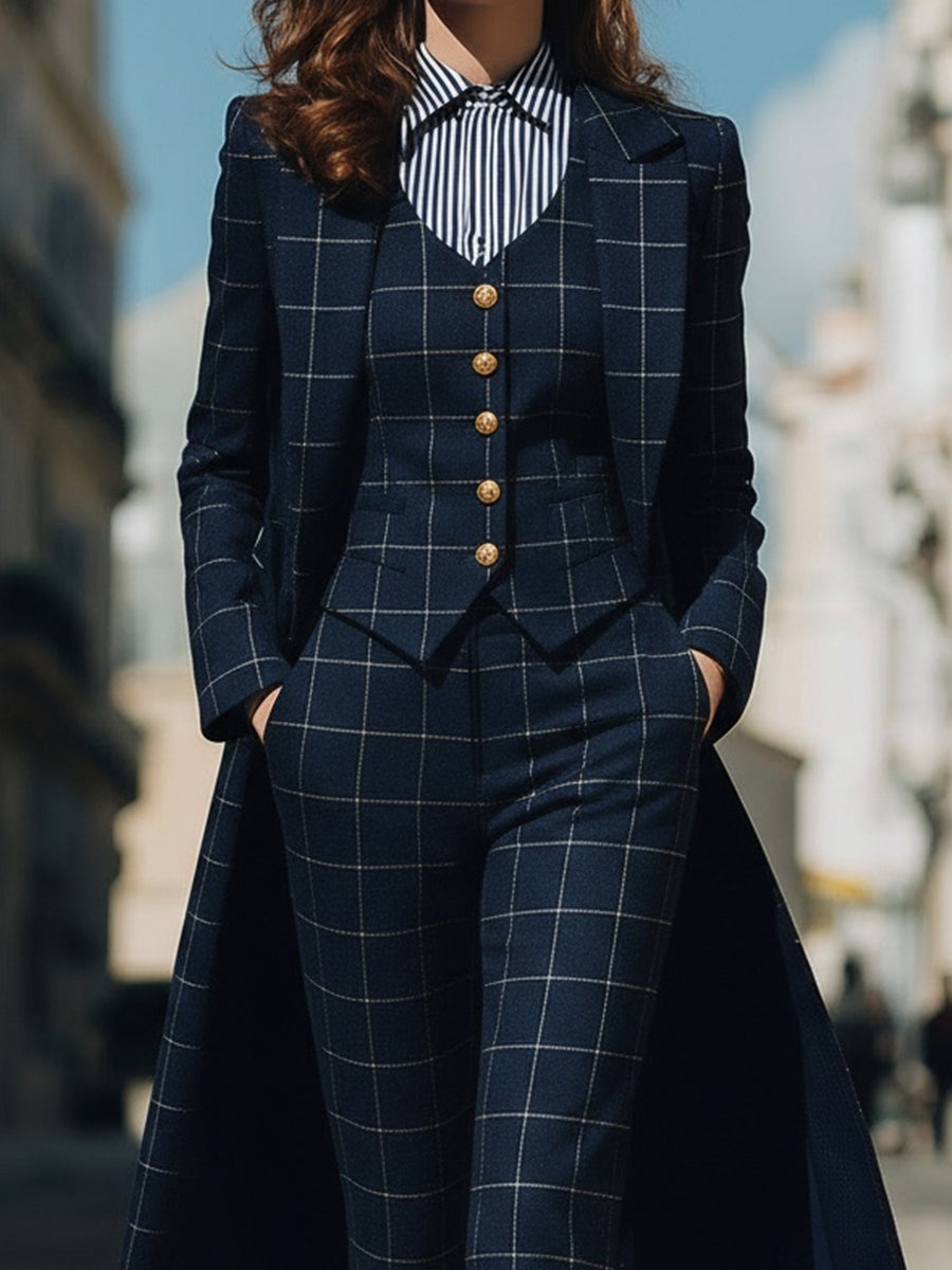Léon Varel Navy Checkered Three-Piece Suit With Long Coat