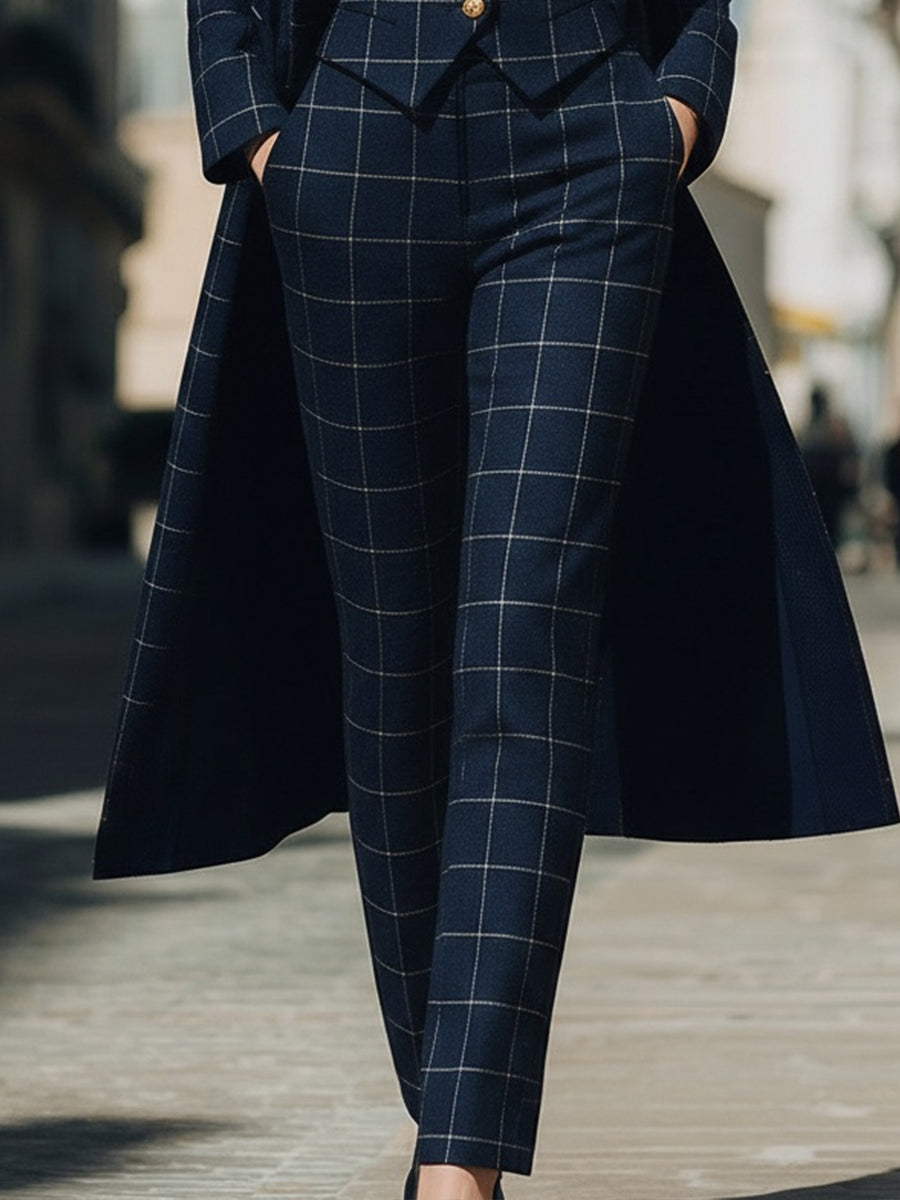 Léon Varel Navy Checkered Three-Piece Suit With Long Coat
