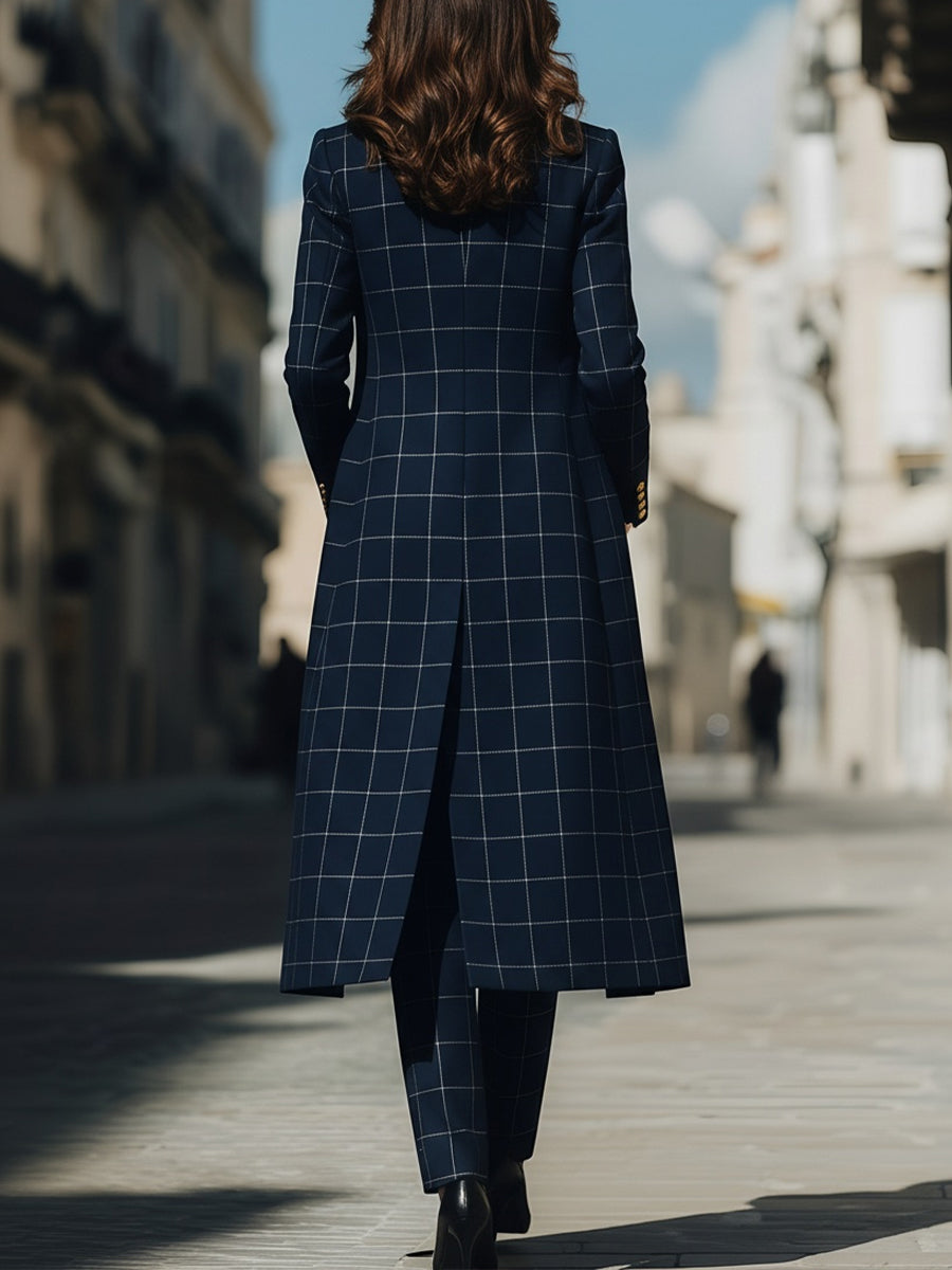 Léon Varel Navy Checkered Three-Piece Suit With Long Coat