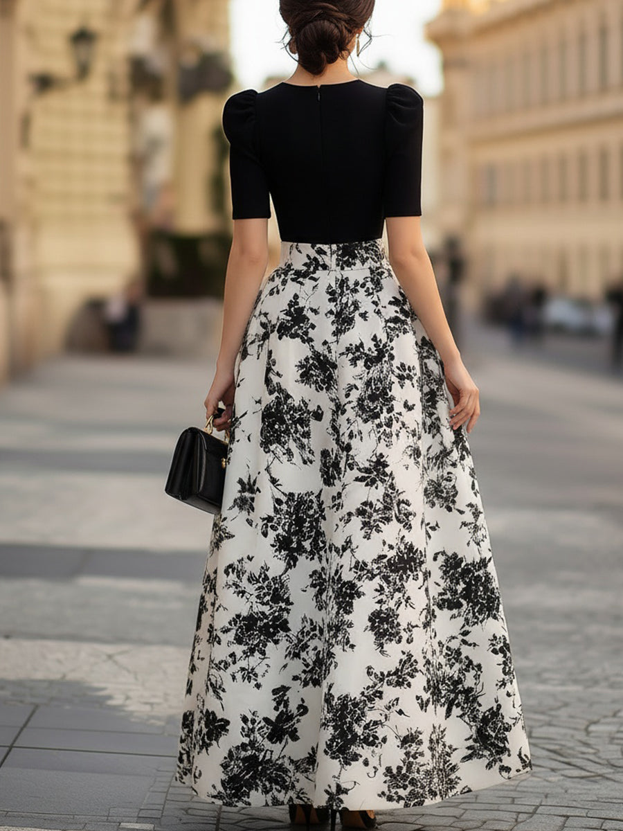 Léon Varel Black Puff Sleeve Bodice & Black Floral Print Maxi Dress