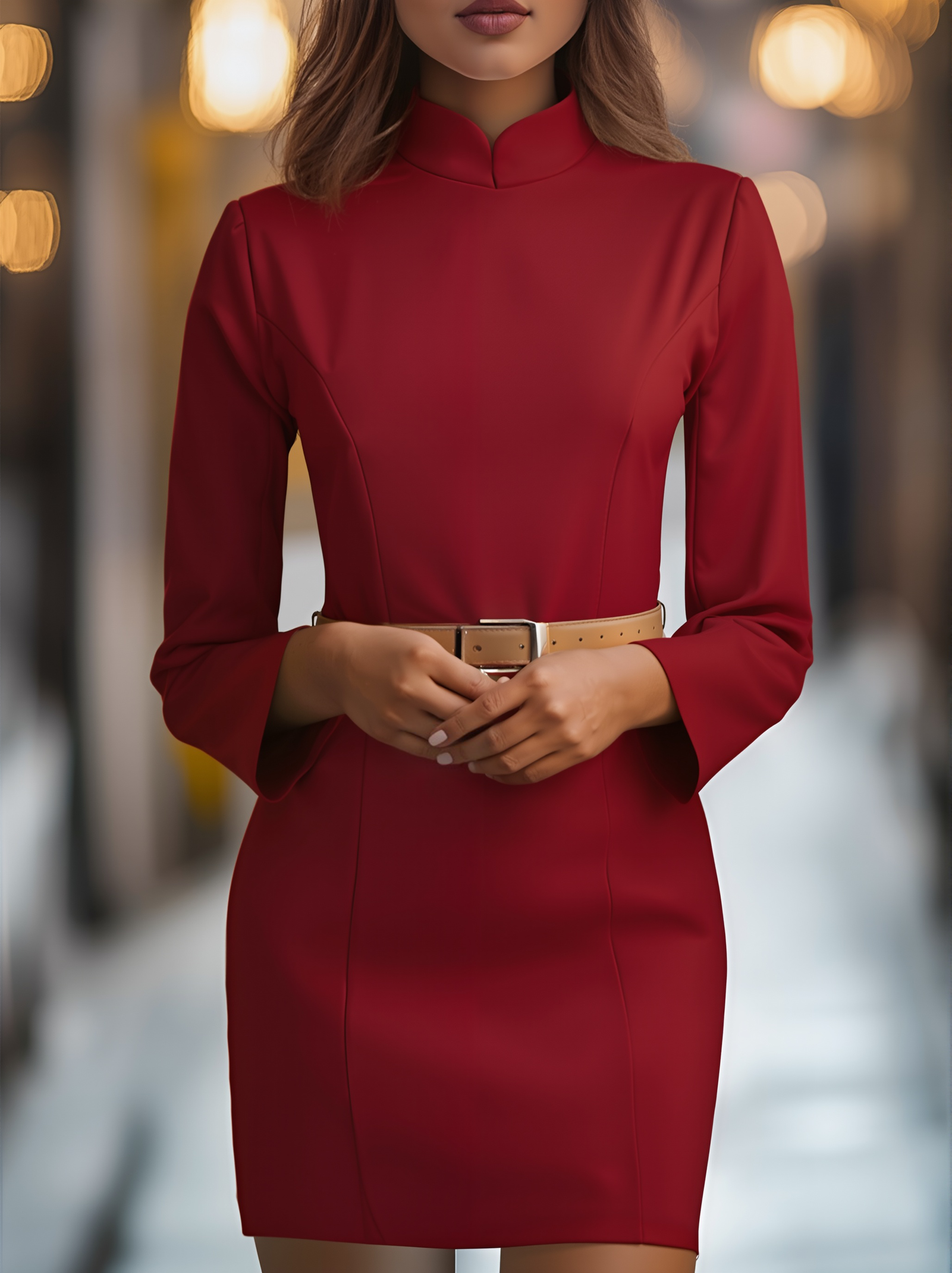 Léon Varel Elegant White Mandarin Collar Dress with Belt Design