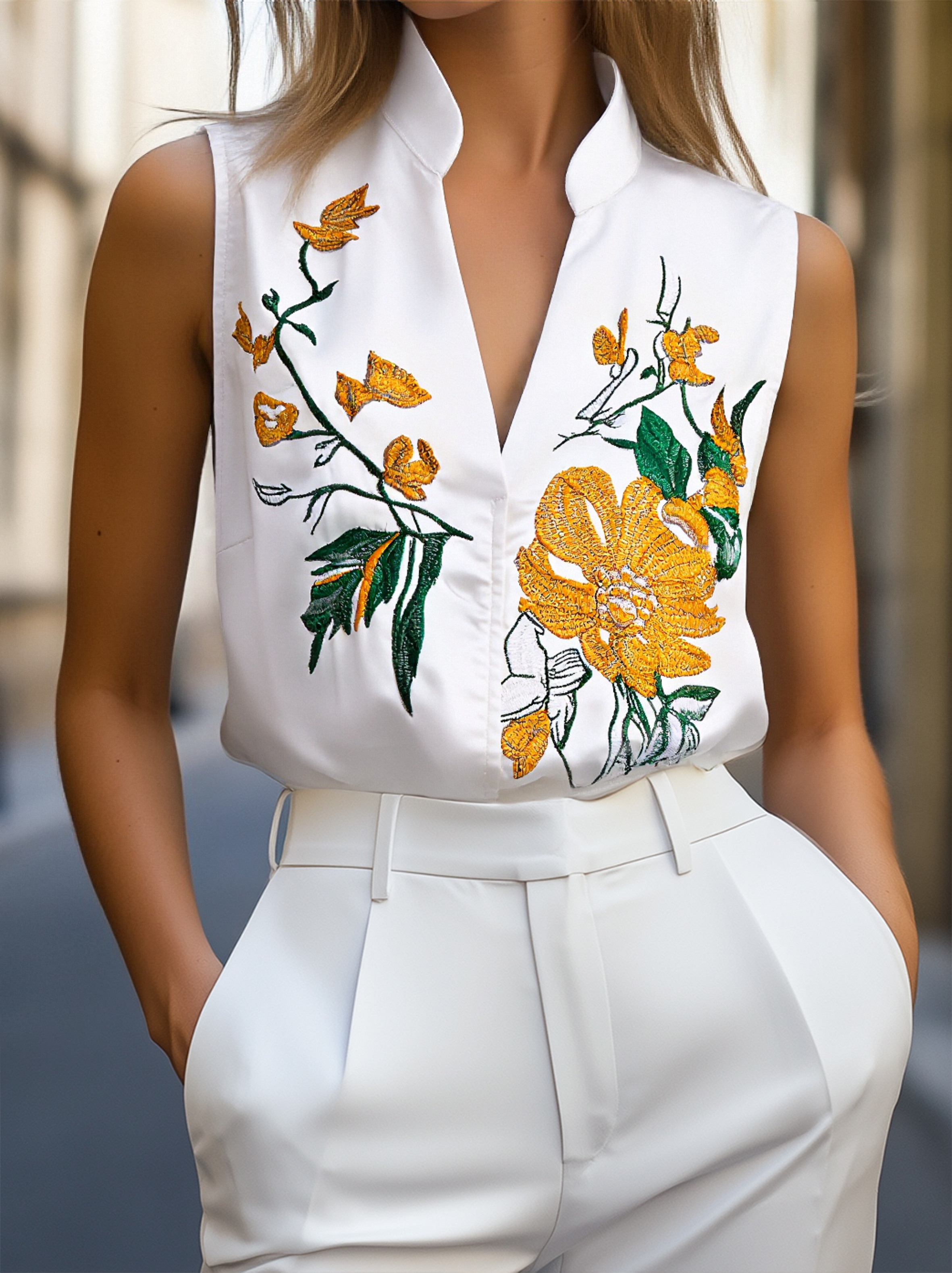 Léon Varel Sleeveless Blouse with Yellow Floral Embroidery