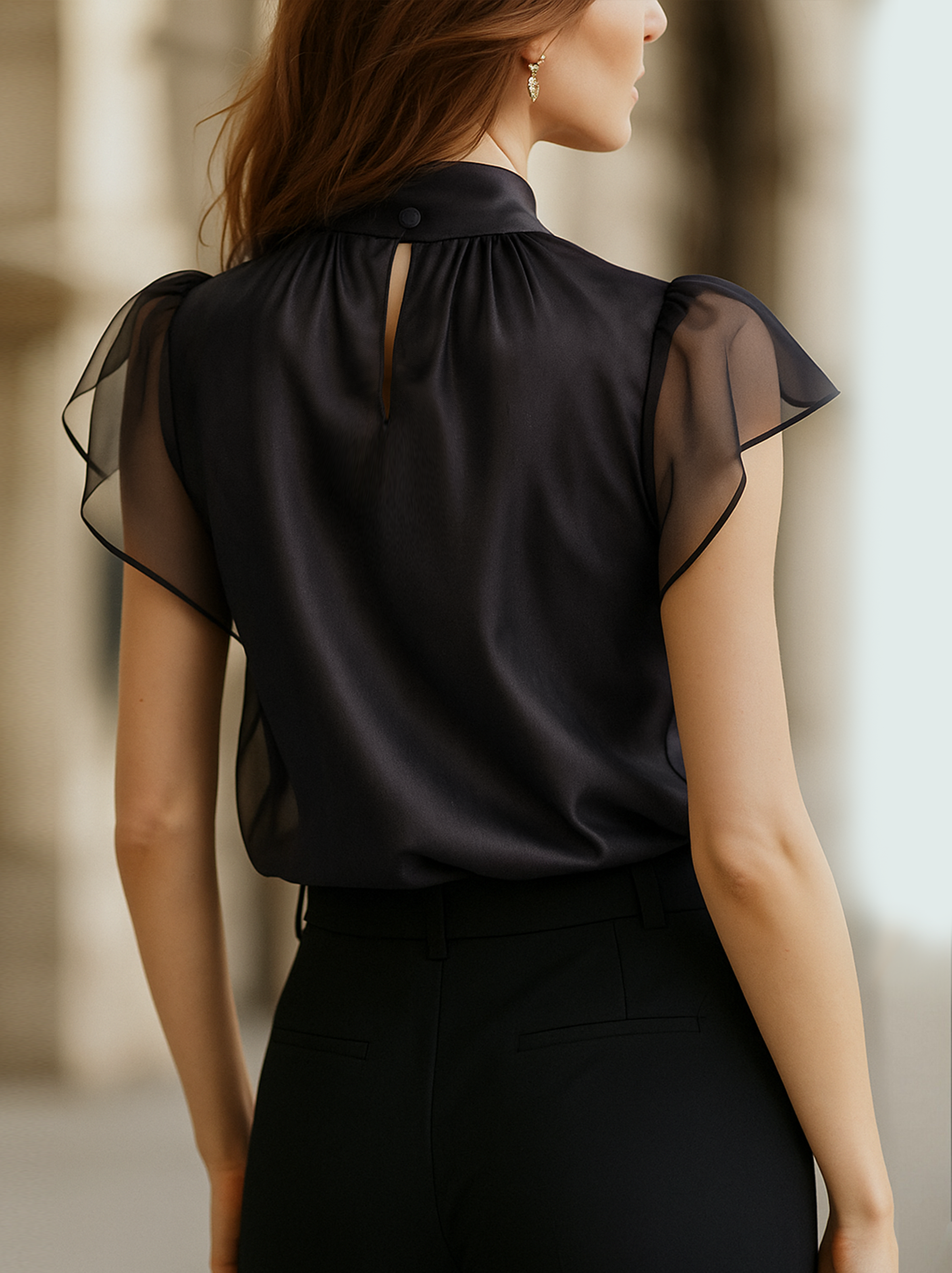 Léon Varel Elegant Black Chiffon High Neck Blouse