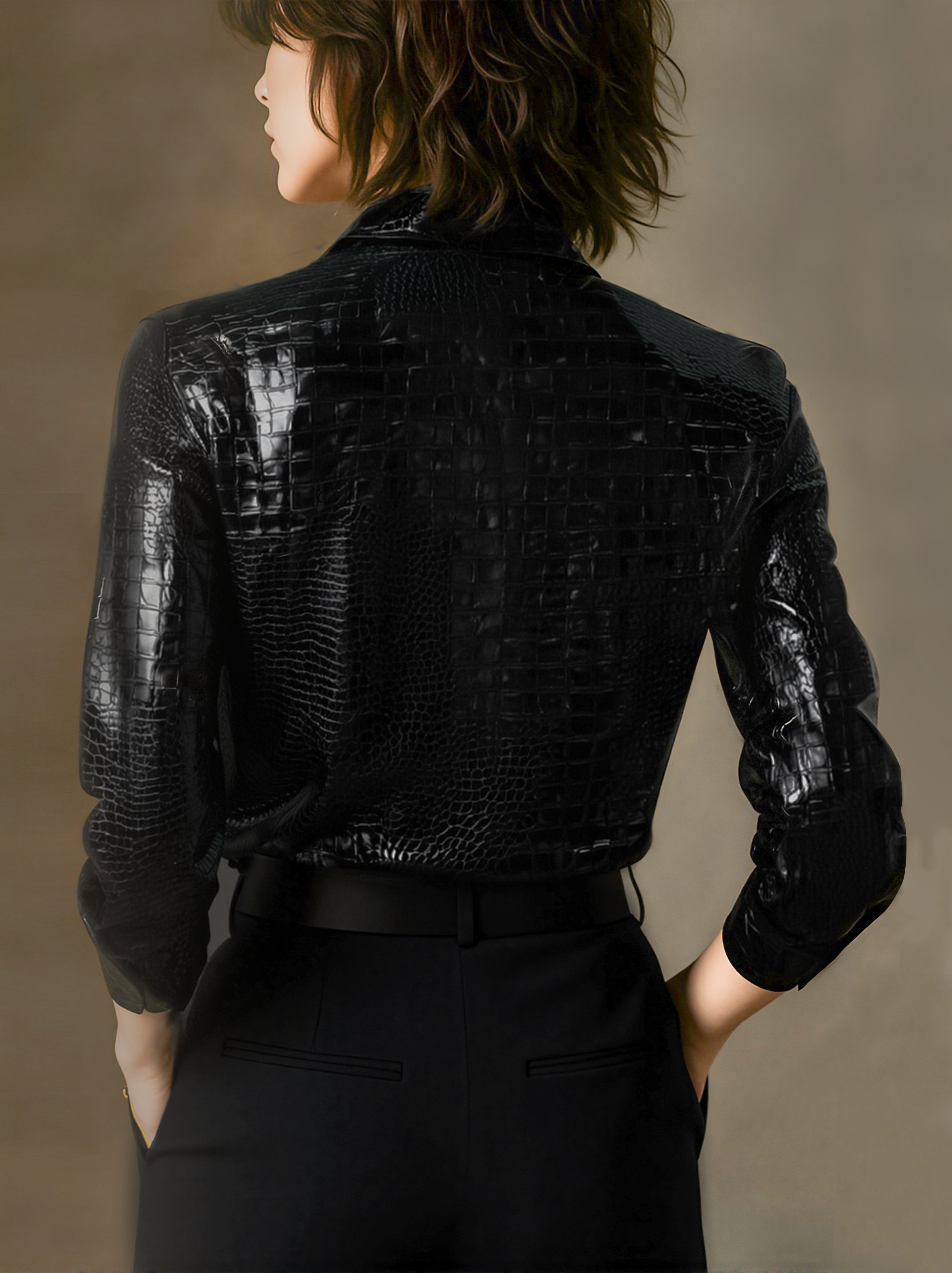 Léon Varel Glossy Black Crocodile Embossed Shirt
