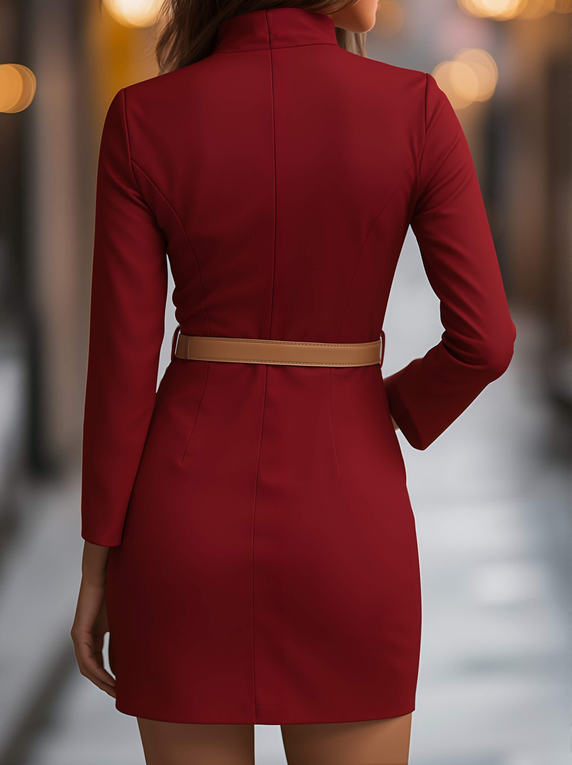 Léon Varel Elegant White Mandarin Collar Dress with Belt Design