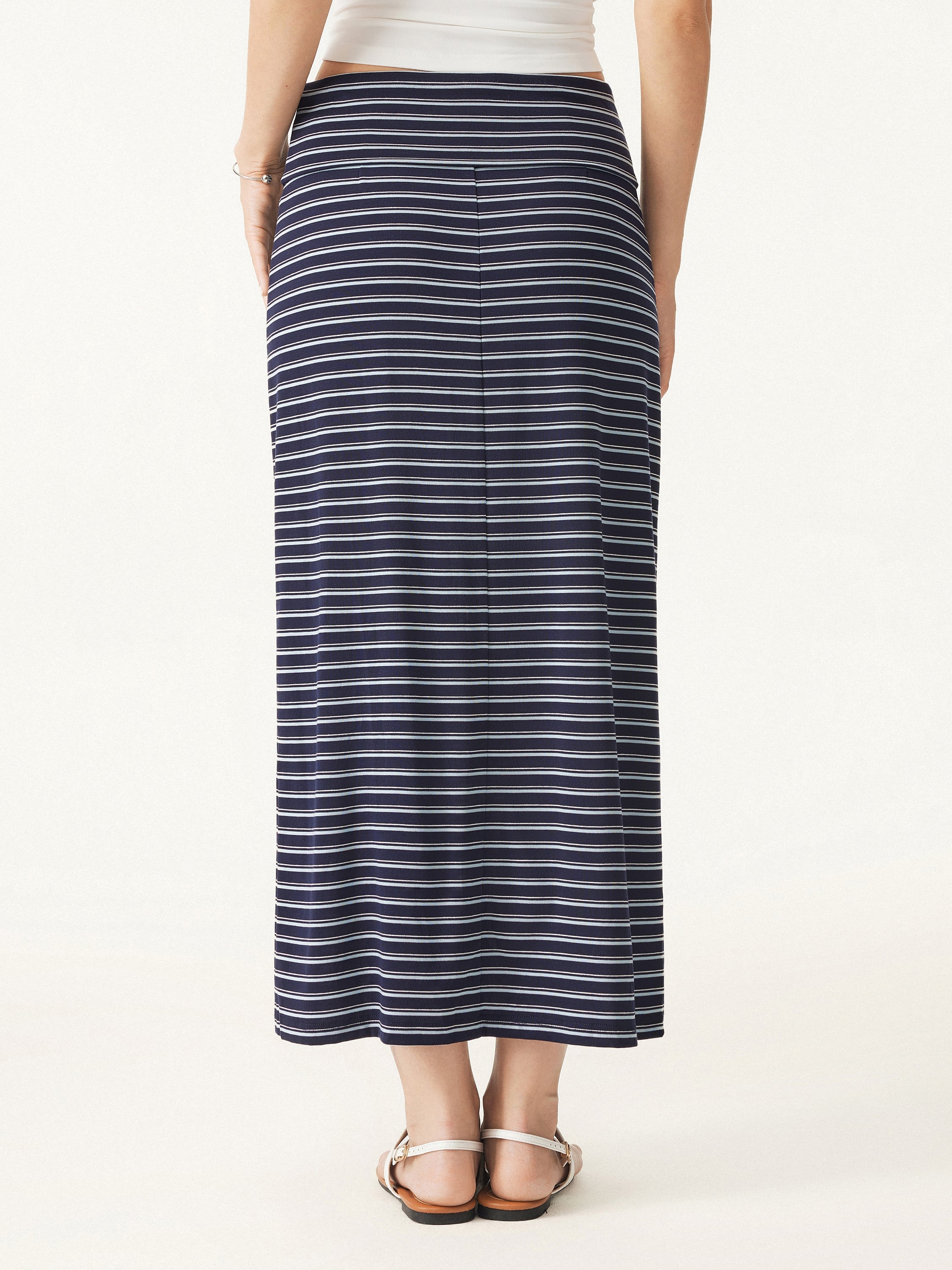Low Rise Folded Waist Striped Midi Skirt