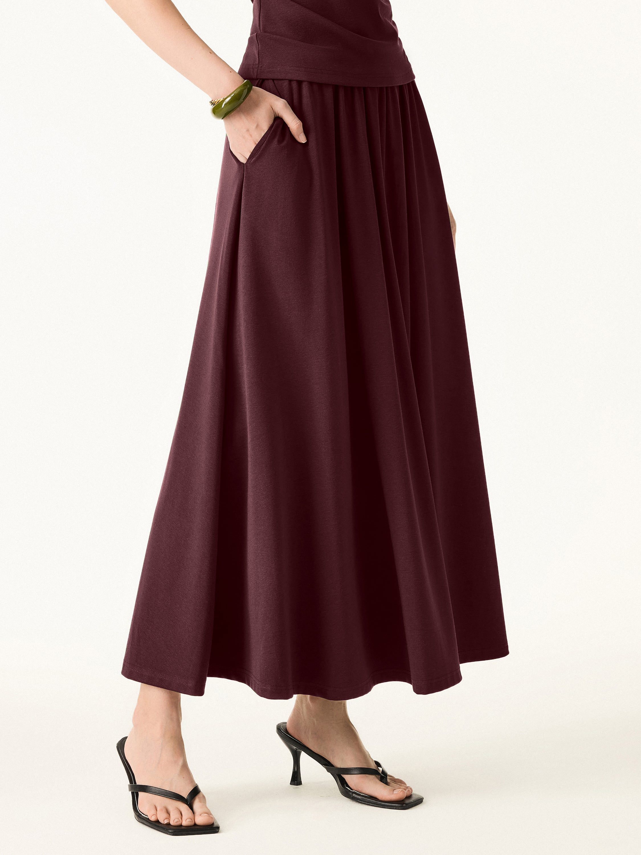 Stretch Cotton Maxi Umbrella Skirt with Pockets
