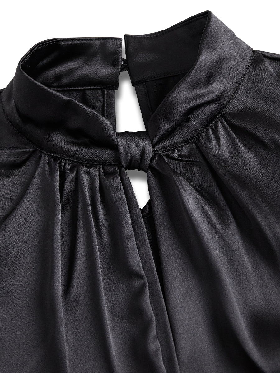 Léon Varel Sophisticated White Satin Blouse with Modern Keyhole Neckline