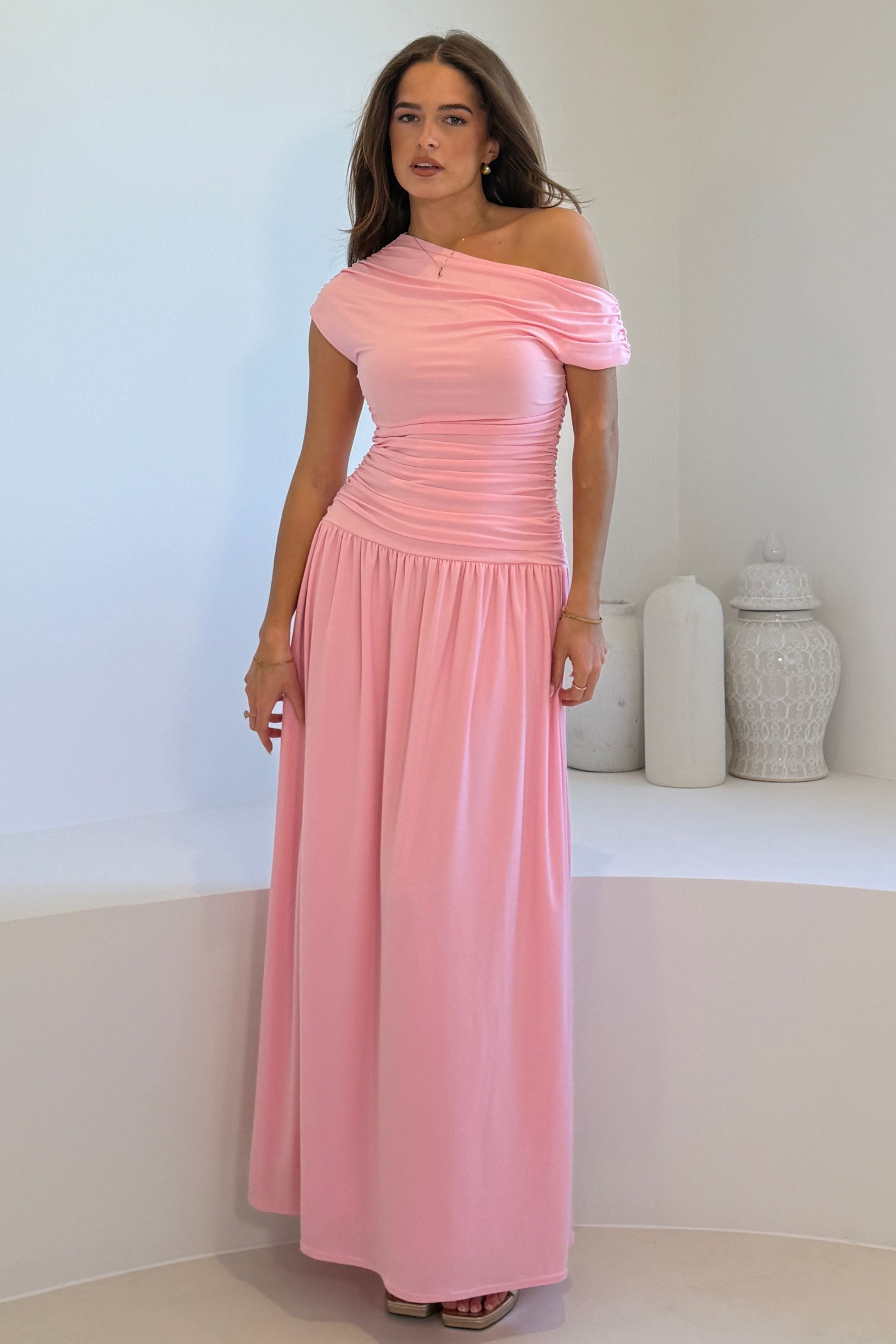 Colette Rushed Off Shoulder Maxi Dress Pink