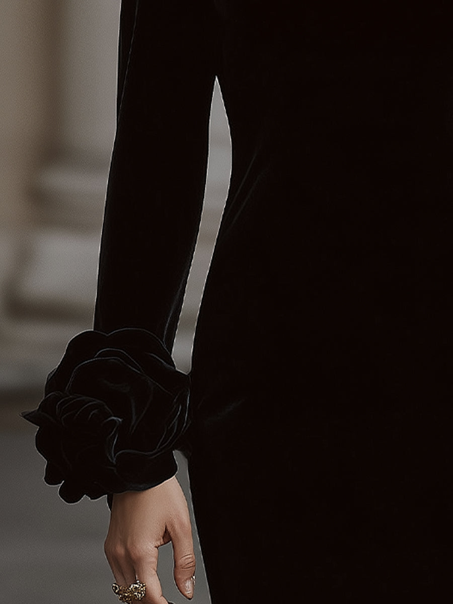 Léon Varel Elegant Velvet Mini Dress With Embellished Neckline And Floral Cuff Detail